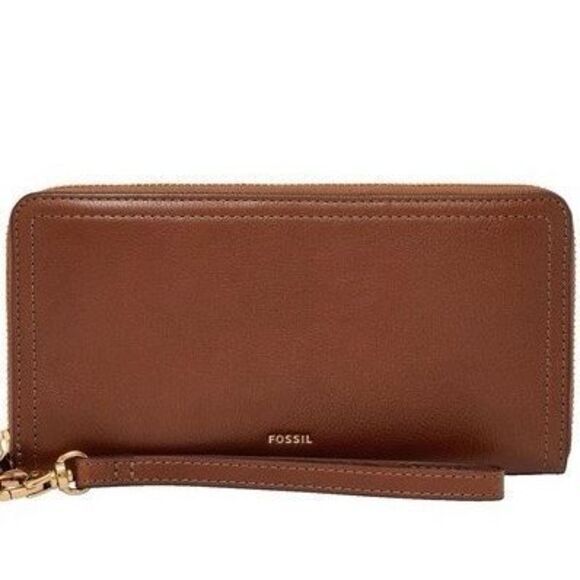 FOSSIL Women’s Brown Sidney Leather Zip Clutch Wallet with Wristlet Strap - Picture 1 of 5